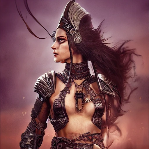 'mdjrny-v4' style a full vertical portrait of a grecian warrior woman with leather armor, cinematic light, high dynamic range, insane intricate details, stunning cinema effects, aesthetic, character portrait, gradient flat background, artwork in the style of Mandy Jurgens, Jon Foster, luis royo, 3D