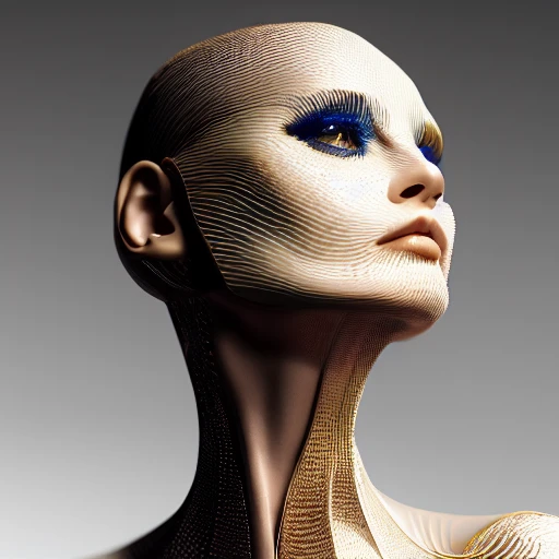 mdjrny-v4 style, symmetrical, intricate, centered 3d render super detailed beautiful porcelain and gold profile portrait woman, 150mm, beautiful studio soft light, japanese, rim light, vibrant details, luxurious zany, surreal , anatomy, facial muscles, blade runner atmosphere, elegance, octane rendering, HR Giger style, 8k