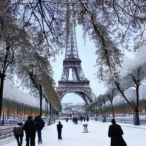 complete Tour Eiffel de Paris in winter, people walking under a snow cover, bigest green trees pines detailed , lot of plants, art nouveau, concept art, Elaborate, highly detailed, , epic winter landscape with a stream, with sparkle, intricate complex defined maximalist photorealistic matte painting, bright colors, 8K resolution, polished ethereal divine magical