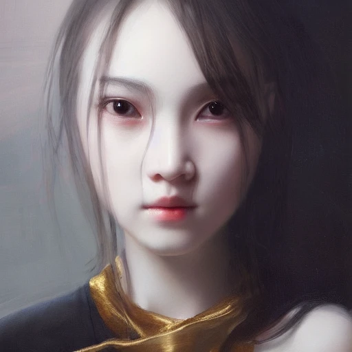 Ruan Jia, schoolgirl, night, high detail face, oil painting, bla ...