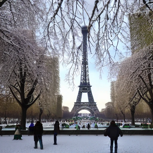 aeril view complete Tour Eiffel de Paris in winter, people walking under a snow cover, bigest green trees pines detailed , lot of plants, art nouveau, concept art, Elaborate, highly detailed, , epic winter landscape with a stream, with sparkle, intricate complex defined maximalist photorealistic matte painting, bright colors, 8K resolution, polished ethereal divine magical, Trippy