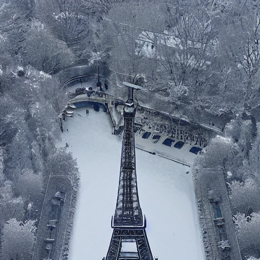 aerial view complete Tour Eiffel de Paris in winter, fantasy people walking under a snow cover, with bigest green trees pines detailed , lot of plants, art nouveau, concept art, Elaborate, highly detailed, , epic winter landscape with a stream, with sparkle, intricate complex defined maximalist photorealistic matte painting, bright colors, 8K resolution, polished ethereal divine magical