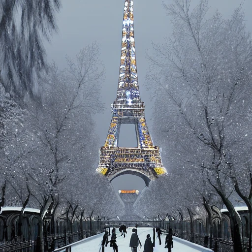 view complete Tour Eiffel de Paris in winter, fantasy people walking under a snow cover, with bigest green trees pines detailed , lot of plants, art nouveau, concept art, Elaborate, highly detailed, , epic winter landscape with a stream, with sparkle, intricate complex defined maximalist photorealistic matte painting, bright colors, 8K resolution, polished ethereal divine magical