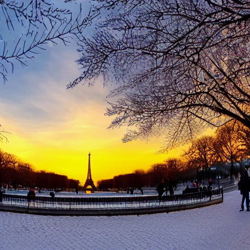 view complete Tour Eiffel de Paris in winter, fantasy people walking under a snow cover and sunset in the background , with bigest green trees pines detailed , lot of plants, art nouveau, concept art, Elaborate, highly detailed, , epic winter landscape with a stream, with sparkle, intricate complex defined maximalist photorealistic matte painting, bright colors, 8K resolution, polished ethereal divine magical