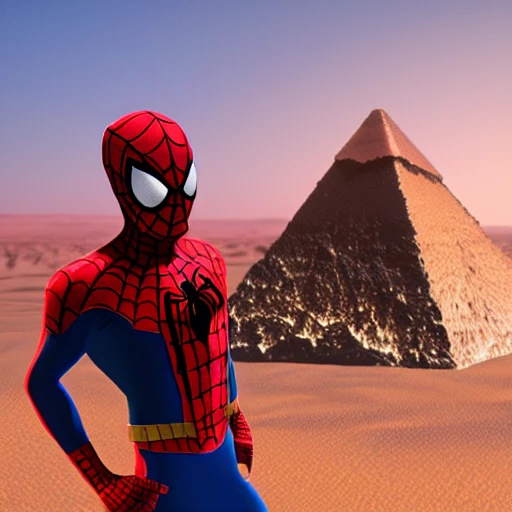 a farao with a spiderman mask::3, pyramids in the desert behind him::1, unreal engine, realistic, marvel --ar 21:9