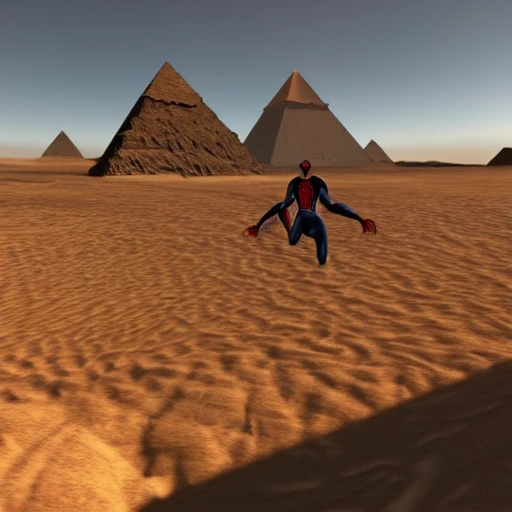 a farao mixed with spiderman::3, pyramids in the desert behind him::1, unreal engine, realistic, marvel --ar 21:9
