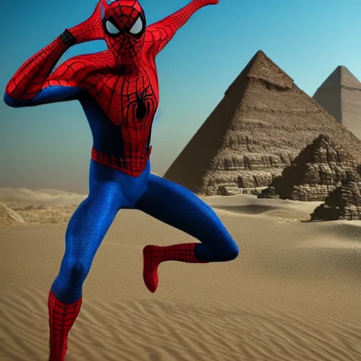 tutankhamun mixed with spiderman, pyramids in the desert behind him, unreal engine, realistic, marvel --ar 21:9