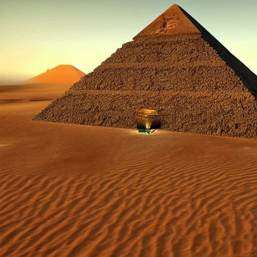 pharao tutankhamun with pyramids in the desert behind him, unreal engine, realistic, marvel --ar 21:9