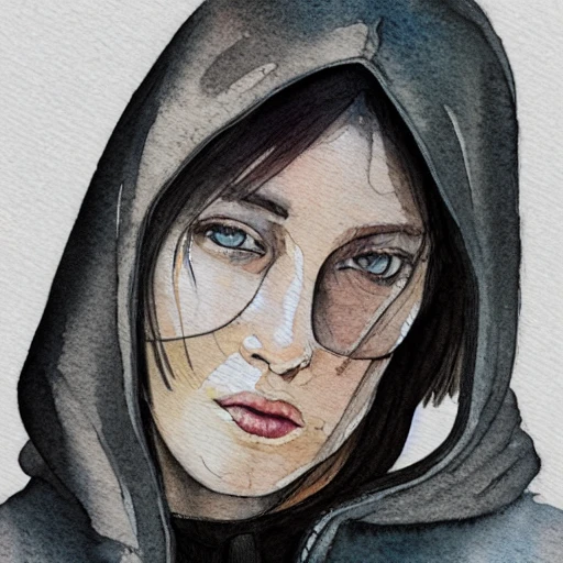 hyper detailed watercolor sketch of full body woman in black hoodie, Watercolor Sketch