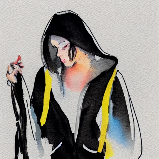 hyper detailed watercolor sketch of full body woman in black hoodie, Watercolor Sketch by David Downton