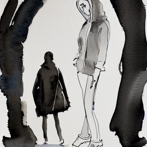 hyper detailed watercolor sketch of full body woman in black hoodie, Watercolor Sketch by David Downton