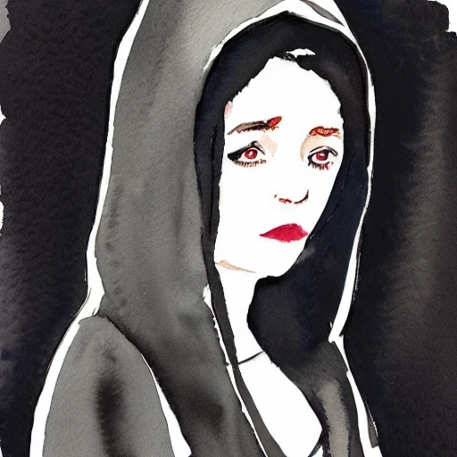 hyper detailed watercolor sketch of full body woman in black hoodie, Watercolor Sketch by David Downton