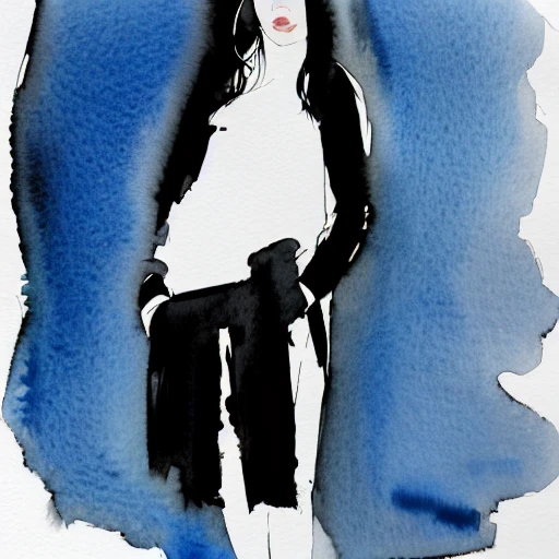 hyper detailed watercolor sketch of full body woman in black hoodie, Watercolor Sketch by David Downton