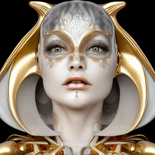 mdjrny-v4 style, symmetrical, intricate, centered 3d render super detailed beautiful porcelain and gold profile portrait woman, 150 mm, beautiful studio soft light, rim light, vibrant details, luxury zany, surreal, anatomy , Facial Muscles, Blade Runner Atmosphere, Elegance, Octane Rendering, HR Giger Style, 8k