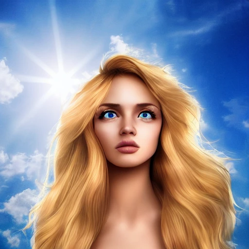the hottest angel in heaven, perfect feminine face, flawless skin, long flowing golden hair, bare torso, risqué, seductive, highly detailed, ultra realistic, fantasy lighting, heavenly clouds, blue sky, sunshine, high key, photograph, HD, 8 K, square format 
