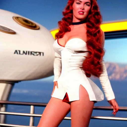 A spunky vivacious young woman, on deck of the starship enterprise, leaning on the captain's chair both hands looking back at camera , is a junior officer, with curly bouncy long blond hair, with body of ,Megan Fox, in white satin translucent micro mini sheer, star trek Enterprise micro mini dress , red stiletto high heels tan thigh high stockings, symmetrical eyes, legs open, beautiful symmetrical face, revealing chest, fulfilling chest
open sheer translucent low cut silk shirt, cherry red full lips + sheer short translucent silk sheer micro mini dress , with slit on both sides,full body shot, , Photorealistic portrait of a beautiful woman. Photograph, Hyper realistic, Photorealistic, Photorealism, body symmetrical anatomy.zoomed out, full body portrait ,photorealistic skin, Persian hauntingly beautiful symmetrical face with hypnotic deep dark blue eyes, f 5.6 + 85mm , extremely detailed,maximum texture ,maximum details,dramatic clair obscur, ultra-realistic, soft shadows RHADS, low angle shot fan cam, cinematic lighting, epic cinematic angle, visual clarity, 85mm, UHD, 32k, 16k, 8k, 3D shading, 