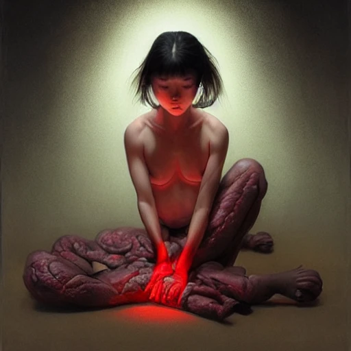 a girl with umbilical cord in an old japanese temple, shadow effect, glow, red,meat, glowing, insanely detailed and intricate, highly detailed, artstation by wlop, by artgerm, art by tom bagshaw, atey ghailan, andrew atroshenko, stanley artgerm., Oil Painting, Cel Shading, 2D, Cinematic, Cold Color Palette, Evi