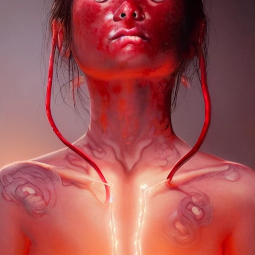 a girl with umbilical cord open located in an old japanese temple, shadow effect, glow, red,meat, glowing, insanely detailed and intricate, highly detailed, artstation by wlop, by artgerm, art by tom bagshaw, atey ghailan, stanley artgerm., Oil Painting, Cel Shading, 2D, Cinematic