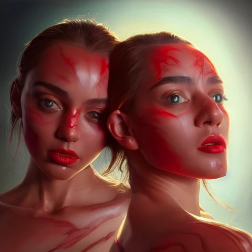 siamese twins , shadow effect, glow, red, meat, glowing, insanely detailed and intricate, highly detailed, artstation by wlop, by artgerm, art by tom bagshaw, atey ghailan, andrew atroshenko, stanley artgerm., Oil Painting, Cel Shading, 2D, Cinematic, Cold Color Palette,umbilical cord