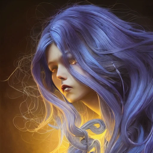 a long blue haired woman witch octopus hair, aesthetic, shadow effect, glow, golden, glowing, insanely detailed and intricate, highly detailed, artstation by wlop, by artgerm, art by tom bagshaw, atey ghailan, andrew atroshenko, stanley artgerm., Oil Painting, Cel Shading, 2D, Cinematic, Cold Color Palette, Evil