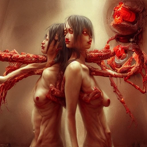 twins with umbilical cord,  meat background, gore,red,  golden shine, cinematic light, high dynamic range, insane intricate details, stunning cinema effects, aesthetic , artwork in the style of Mandy Jurgens, Jon Foster, luis royo