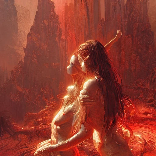 twins with umbilical cord,  temple abstract background, gore,red,  golden shine, cinematic light, high dynamic range, insane intricate details, stunning cinema effects, aesthetic , artwork in the style of Mandy Jurgens, Jon Foster, luis royo