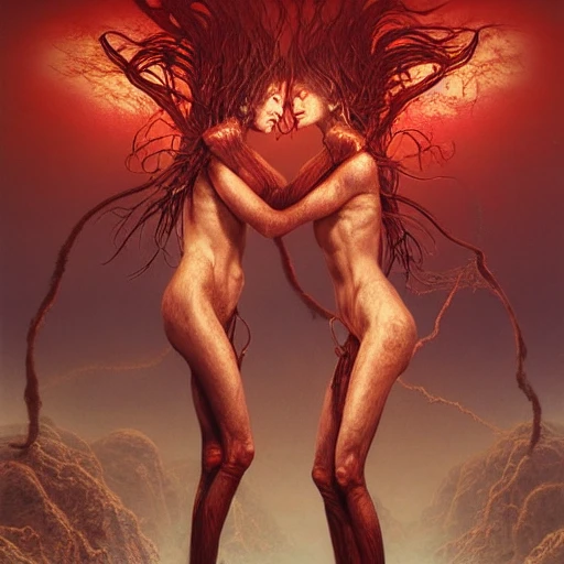 young twins with umbilical cord,  temple abstract background, gore,red,  golden shine, cinematic light, high dynamic range, insane intricate details, stunning cinema effects, aesthetic , artwork in the style of  luis royo, beksinski