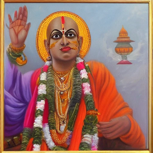 , Oil Painting, A C Bhaktivedanta Swami offering to Krishna