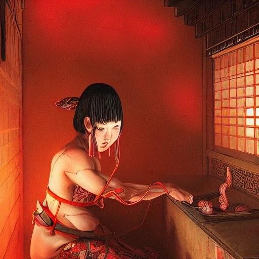 twins with umbilical cord in an old japanese temple, shadow effect, glow, red,meat, glowing, insanely detailed and intricate, highly detailed, artstation by wlop, by artgerm, Oil Painting, Cel Shading, 2D, Cinematic, Cold Color Palette, Evil