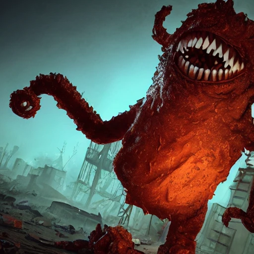 Post apocalypse creepy big candy monster cartoon candy monster gummy monster zephyr monster horror fear realism complex light and ray tracing reflexes, backlighting, dynamic cinematic lighting, global illumination,  action, 16k, highly detailed, cinematic lighting, Unreal engine sharp focus, Hyper Realistic and Detailed, High Exposure, Telephoto, AI Image Enlarger, Deep Image AI, Remini AI Photo Enhancer, Trippy