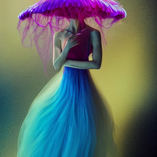 A dress inspired by a jellyfish, 8k artistic photography, vogue magazine, fashion, studio lighting, digital Art, perfect composition, beautiful detailed woman, trending on artstation, 8 k artistic photography, photorealistic concept art, soft natural volumetric cinematic perfect light, oil on canvas, colorful epic mural