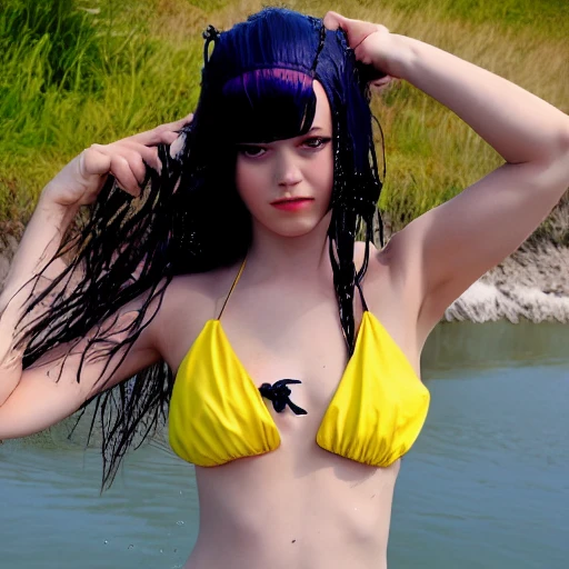 
masterpiece, highest quality, 1femboy, beach, tail, wet, animal ears, wet clothes, ocean, cat tail, bikini, swimsuit, cat ears, bracelet, day, solo, shorts, short hair, wet shirt, jewelry, shirt, outdoors, water, breasts, horizon, looking at viewer, see-through, hair ornament, yellow eyes, blue bikini, sand, denim shorts, short shorts, dark skin, hairclip, sky, blue shorts, white shirt, bangle, bikini under clothes, striped bikini, on stomach, smile, lying, blush, medium breasts, denim, blue sky