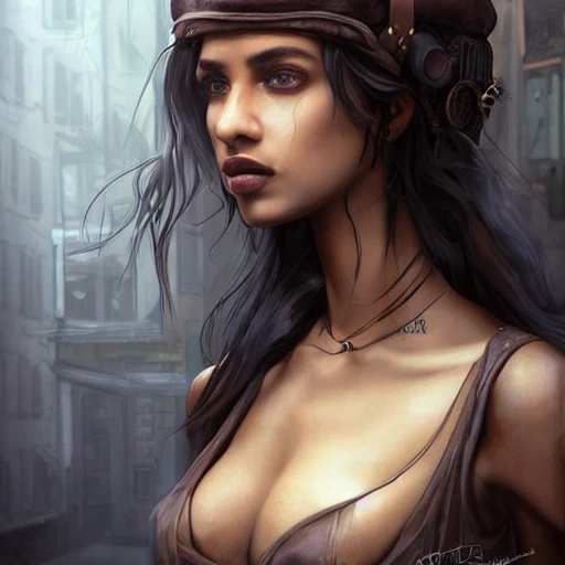 hyperrealistic full length portrait of gorgeous  woman, a steampunk city alley, deep brown skin, beautiful perfect face, perfect realistic gray eyes, perfect body, cinematic light, high dynamic range, insane intricate details, stunning cinema effects, aesthetic, character portrait, gradient flat background, artwork in the style of Mandy Jurgens, Jon Foster {lowres, text, error, cropped, worst quality, low quality, jpeg artifacts, ugly, duplicate, morbid, mutilated, out of frame, extra fingers, mutated hands, poorly drawn hands, poorly drawn face, mutation, deformed, blurry, dehydrated, bad anatomy, bad proportions, extra limbs, cloned face, disfigured, gross proportions, malformed limbs, missing arms, missing legs, extra arms, extra legs, fused fingers, too many fingers, long neck}+