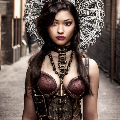 hyperrealistic full length portrait of gorgeous  woman, a steampunk city alley, deep brown skin, beautiful perfect face, perfect realistic gray eyes, perfect body, cinematic light, high dynamic range, insane intricate details, stunning cinema effects, aesthetic, character portrait, shot on IMAX 70mm, high contrast, HDR, intricate details, extremely realistic, accurate proportions, high-resolution DSLR photograph --ar 3:4 --testp --stylize 1250 –upbeta , artwork in the style of Mandy Jurgens, Jon Foster {low-res, text, error, cropped, worst quality, low quality, jpeg artifacts, ugly, duplicate, morbid, mutilated, out of frame, extra fingers, mutated hands, poorly drawn hands, poorly drawn face, mutation, deformed, blurry, dehydrated, bad anatomy, bad proportions, extra limbs, cloned face, disfigured, gross proportions, malformed limbs, missing arms, missing legs, extra arms, extra legs, fused fingers, too many fingers, long neck}, 3D