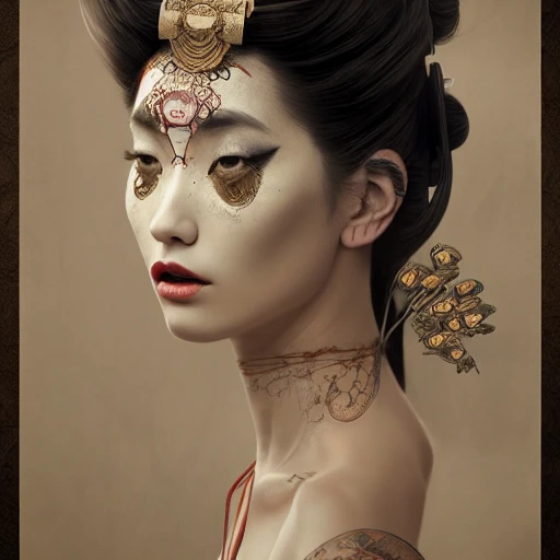 redshift style, a real perfect female body of beautiful Geisha, perfect face, intricate, elegant, highly detailed, trending on artstation, by Tom Bagshaw and Seb McKinnon, 150mm portrait, photography, epic cinematic, octane render , denoise, photograph with a Hasselblad H3DII, extremely detailed, DOF --upbeat --v 4
