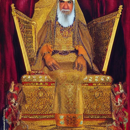 Vivid realistic high definition portrait of an Ancient Persian priestess on gold throne