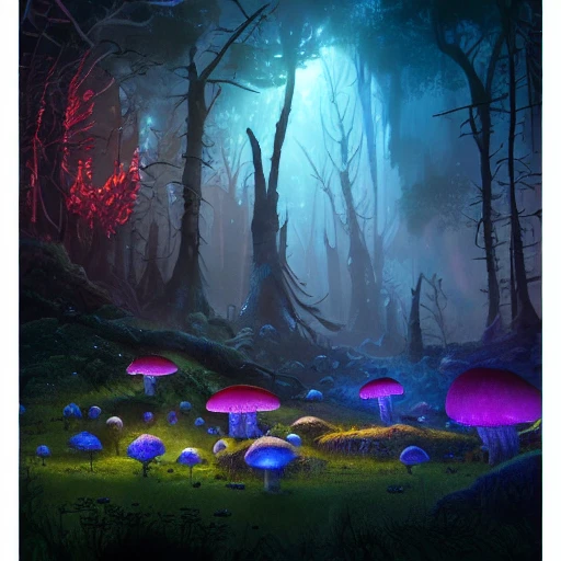 concept art painting of a fantasy alien fungal landscape at night, with glowing blue lights, glowing blue mushrooms, dark purple sky, realistic, detailed, cel shaded, in the style of makoto shinkai and greg rutkowski and albert bierstadt and james gurney , 3D