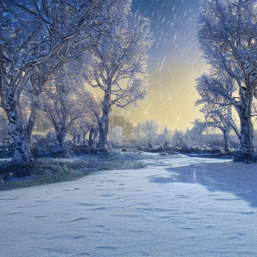 The steppe with complete Yourtes in winter snow covered, trees in a detailed , lot of plants, art nouveau, concept art, Elaborate, highly detailed, epic winter landscape with a stream, with sparkle, intricate complex defined maximalist photorealistic matte painting, bright colors, 8K resolution, polished ethereal divine magical