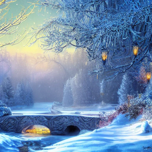 complete Yourtes in winter snow covered, art nouveau, concept art, Elaborate, highly detailed, epic winter landscape with a stream, with sparkle, intricate complex defined maximalist photorealistic matte painting, bright colors, 8K resolution, polished ethereal divine magical