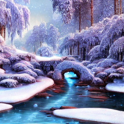 Yourtes in winter snow covered, art nouveau, concept art, Elaborate, highly detailed, epic winter landscape with a stream, with sparkle, intricate complex defined maximalist photorealistic matte painting, bright colors, 8K resolution, polished ethereal divine magical