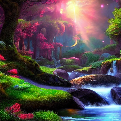 Yourtes in a epic landscape with a stream, with sparkle, intricate complex defined maximalist photorealistic matte painting, bright colors, 8K resolution, polished ethereal divine magical