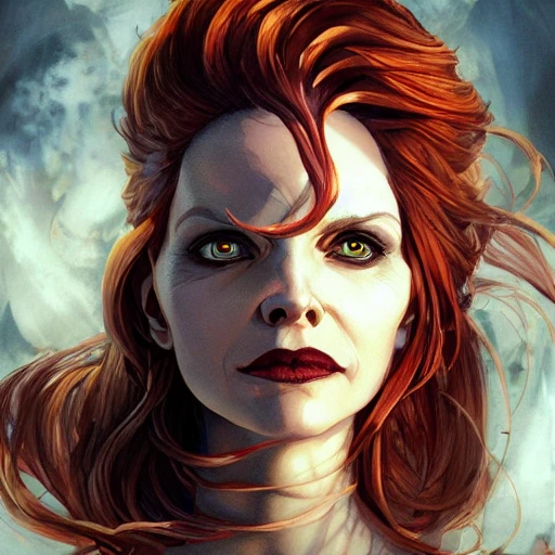 Michelle Pfeiffer woman with fire hair, professional ominous co ...