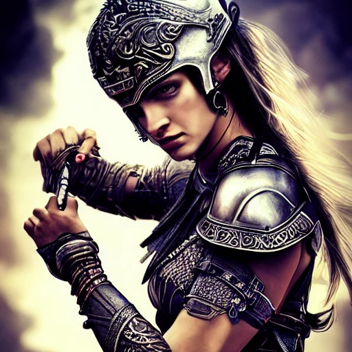 'mdjrny-v4' style a full vertical portrait of a grecian warrior woman with leather armor, cinematic light, high dynamic range, insane intricate details, stunning cinema effects, aesthetic, character portrait, gradient flat background, artwork in the style of Mandy Jurgens, Jon Foster, luis royo, 3D