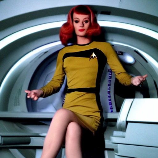 picture of a sexy girl,  full body shot , perfect face, satin translucent micro skirt sheer, star trek Enterprise micro dress , red stiletto high heels tan, thigh high stockings, symmetrical eyes, legs open, A spunky vivacious young woman, on deck of the starship enterprise, leaning on the captain's chair both hands looking back at camera , is a junior officer, with curly bouncy long blond hair, in yellow satin translucent micro sheer skirt, star trek Enterprise micro dress , red stiletto high heels tan thigh high stockings, symmetrical eyes, legs open, beautiful symmetrical face, revealing chest open sheer translucent low cut silk shirt, cherry red full lips + sheer short translucent silk sheer micro mini dress , with slit on both sides,full body shot, , Photorealistic portrait of a beautiful woman. Photograph, Hyper realistic, Photorealistic, Photorealism, body symmetrical anatomy.zoomed out, full body portrait ,photorealistic skin,  beautiful symmetrical face ,with hypnotic deep dark blue eyes, f 5.6 + 85mm , extremely detailed,maximum texture ,maximum details,dramatic clair obscur, ultra-realistic, soft shadows RHADS, low angle shot fan cam, cinematic lighting, epic cinematic angle, visual clarity, 85mm, UHD, 32k, 16k, 8k, 3D shading, Tone Mapping, Ray Tracing Global Illumination, , disfigured, kitsch, ugly, oversaturated, greain, low-res, Deformed, blurry, poorly drawn face Diffraction Grating, Crystalline, Lumen Reflections, Super-Resolution, gigapixel, color grading, retouch, enhanced, PBR, Blender, V-ray, Procreate, zBrush, Unreal Engine 5, Cinema 4D, ROMM RGB, Adobe After Effects, 3DCG, VFX, SFX, FXAA, SSAO, 3D,high fantasy, cinematic lighting, romantic--ar3:2 --v 4 --q 2  full body shot
