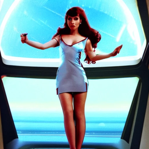 picture of a sexy girl,  full body shot , perfect face, satin translucent micro skirt sheer, star trek Enterprise micro dress , red stiletto high heels tan, thigh high stockings, symmetrical eyes, legs open, A spunky vivacious young woman, on deck of the starship enterprise, leaning on the captain's chair both hands looking back at camera , is a junior officer, with curly bouncy long blond hair, in yellow satin translucent micro sheer skirt, star trek Enterprise micro dress , red stiletto high heels tan thigh high stockings, symmetrical eyes, legs open, beautiful symmetrical face, revealing chest open sheer translucent low cut silk shirt, cherry red full lips + sheer short translucent silk sheer micro mini dress , with slit on both sides,full body shot, , Photorealistic portrait of a beautiful woman. Photograph, Hyper realistic, Photorealistic, Photorealism, body symmetrical anatomy.zoomed out, full body portrait ,photorealistic skin,  beautiful symmetrical face ,with hypnotic deep dark blue eyes, f 5.6 + 85mm , extremely detailed,maximum texture ,maximum details,dramatic clair obscur, ultra-realistic, soft shadows RHADS, low angle shot fan cam, cinematic lighting, epic cinematic angle, visual clarity, 85mm, UHD, 32k, 16k, 8k, 3D shading, Tone Mapping, Ray Tracing Global Illumination, , disfigured, kitsch, ugly, oversaturated, greain, low-res, Deformed, blurry, poorly drawn face Diffraction Grating, Crystalline, Lumen Reflections, Super-Resolution, gigapixel, color grading, retouch, enhanced, PBR, Blender, V-ray, Procreate, zBrush, Unreal Engine 5, Cinema 4D, ROMM RGB, Adobe After Effects, 3DCG, VFX, SFX, FXAA, SSAO, 3D,high fantasy, cinematic lighting, romantic--ar3:2 --v 4 --q 2  full body shot
