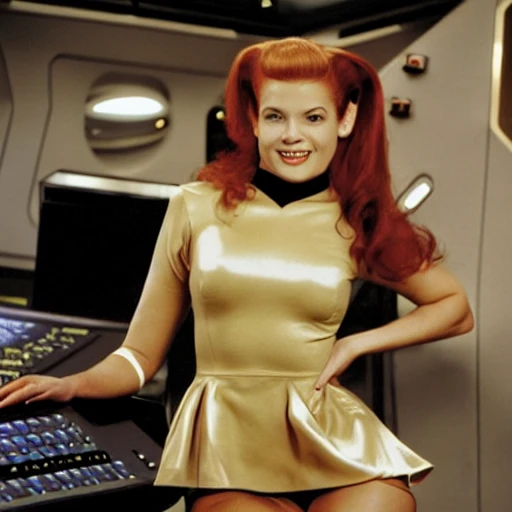 picture of a sexy girl,  full body shot , perfect face, satin translucent micro skirt sheer, star trek Enterprise micro dress , red stiletto high heels tan, thigh high stockings, symmetrical eyes, legs open, A spunky vivacious young woman, on deck of the starship enterprise, leaning on the captain's chair both hands looking back at camera , is a junior officer, with curly bouncy long blond hair, in yellow satin translucent micro sheer skirt, star trek Enterprise micro dress , red stiletto high heels tan thigh high stockings, symmetrical eyes, legs open, beautiful symmetrical face, revealing chest open sheer translucent low cut silk shirt, cherry red full lips + sheer short translucent silk sheer micro mini dress , with slit on both sides,full body shot, , Photorealistic portrait of a beautiful woman. Photograph, Hyper realistic, Photorealistic, Photorealism, body symmetrical anatomy.zoomed out, full body portrait ,photorealistic skin,  beautiful symmetrical face ,with hypnotic deep dark blue eyes, f 5.6 + 85mm , extremely detailed,maximum texture ,maximum details,dramatic  --v 4 --q 2  full body shot
