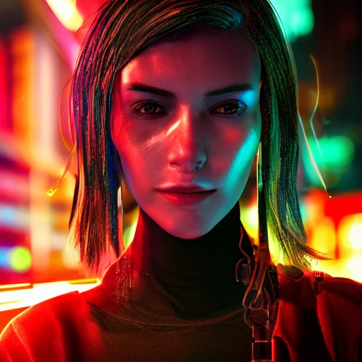 side close up portrait of 1 cyberpunk girl, detailed face, spotlight, cyberpunk city, wired, multicolored, vibrant high contrast, hyperrealistic, photografic, 8k, epic ambient light, octane render, Water Color