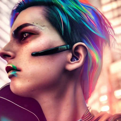 side close up portrait of 1 cyberpunk girl, detailed face, spotlight, cyberpunk city, wired, multicolored, vibrant high contrast, hyperrealistic, photografic, 8k, epic ambient light, octane render, 3D