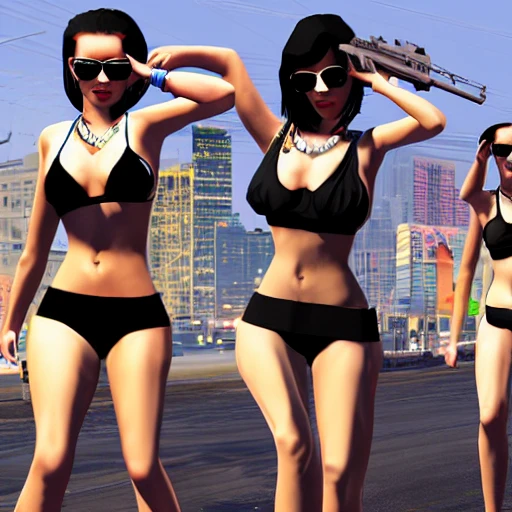 snthwve style:0.05, nvinkpunk:1.8, (GTA 5), Characters committing crimes, Detailed and Intricate, beautiful women in bikinis, big guns, gangsters wearing glasses, micro-details, extremely detailed, epic, ultra detailed, proportional, award-winning, clean, gorgeous, powerful, refreshing, beautiful lighting, trend on artstation, trend on pixiv, vivid, dynamic, intricate, high quality, detailed, lush, strong lines