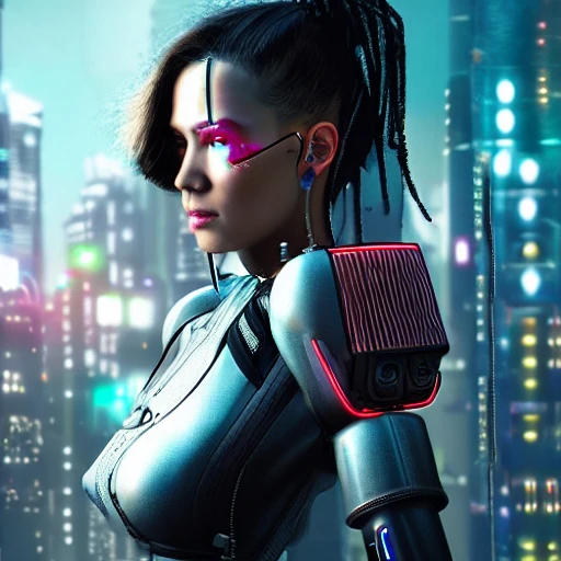 A photorealistic portrait of a cyberpunk girl, with wired implants and octane-enhanced features, set against the dynamic background of a futuristic city.
